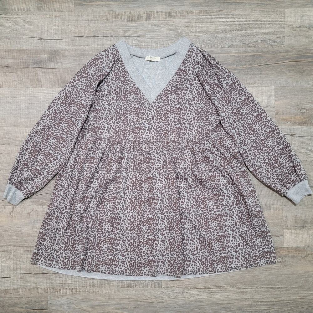 Arula Altard State 1X Cheetah Long Sleeve Babydoll Sweatshirt Pocket Stretch Top